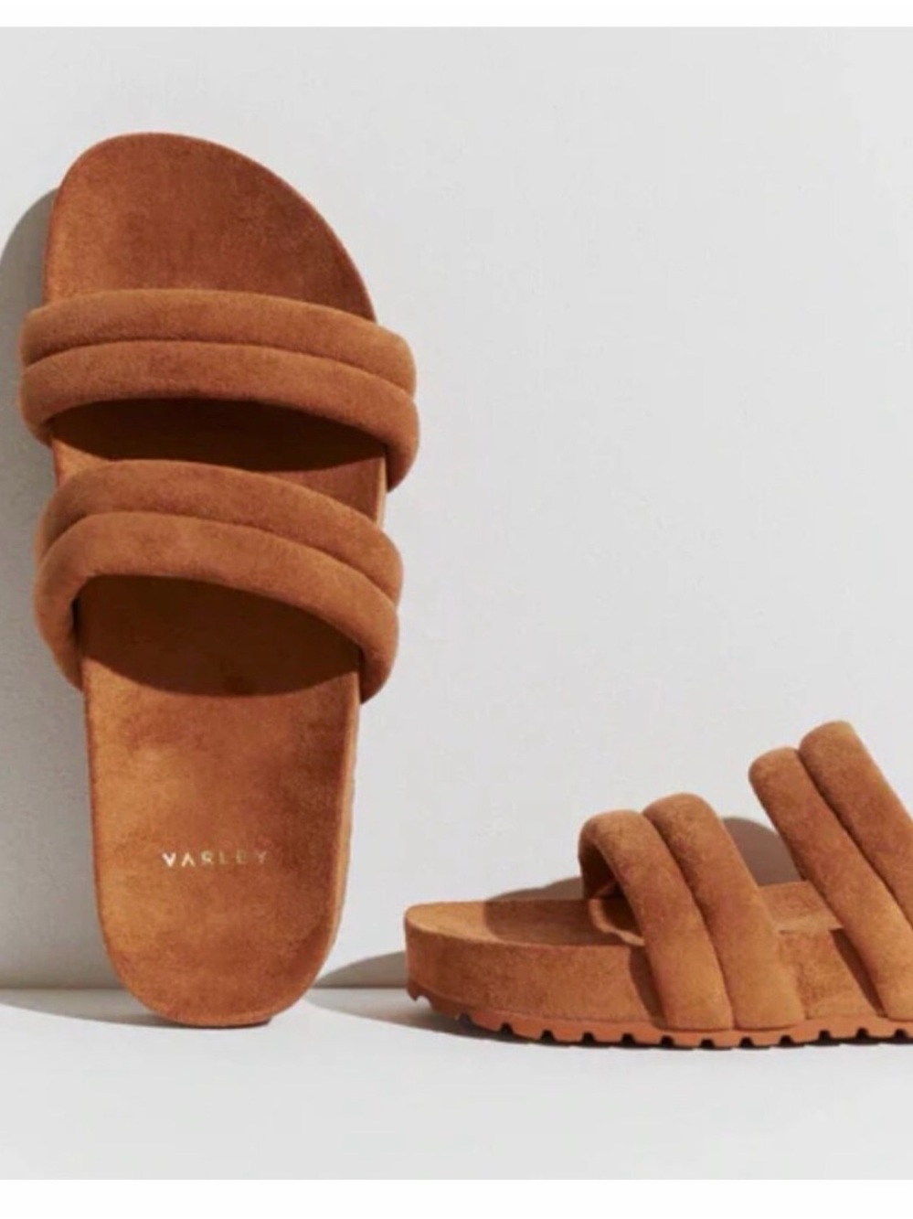 Varley Giles quilted Suede Slides in Chestnut Brown - Picture 2 of 4